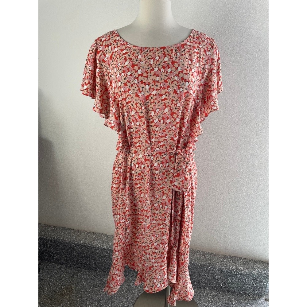 Max Studio Womens Plus 3X Red Pink Floral Flutter Sleeve Ruffle Dress